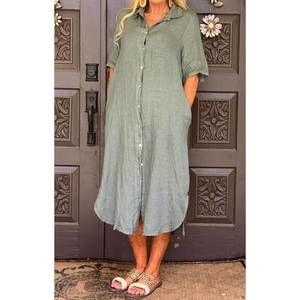 Tempo Paris | Dresses | New Tempo Paris Linen Button Front Shirt Dress In  Olive | Poshmark